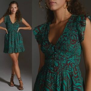 NWOT Anthropologie Peregrine Mini Dress Women's M Animal Print Smocked Ruffle